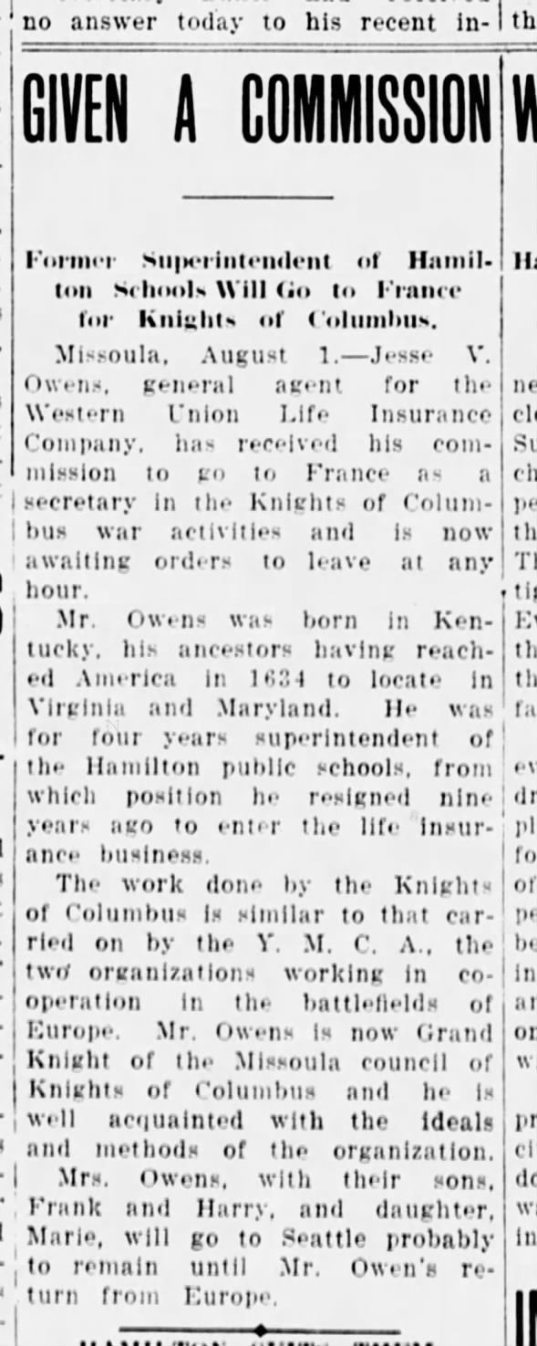 Heads to France as Secretary in the Knights of Columbus war activities